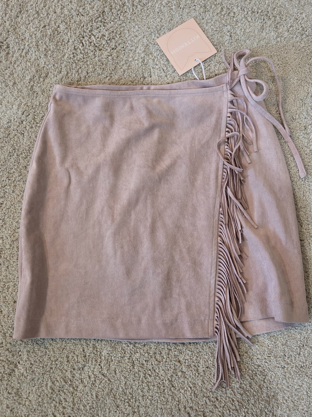 Kittenish Fringe Wrap Mini Skirt - Blush Pink Small Western Festival Boho